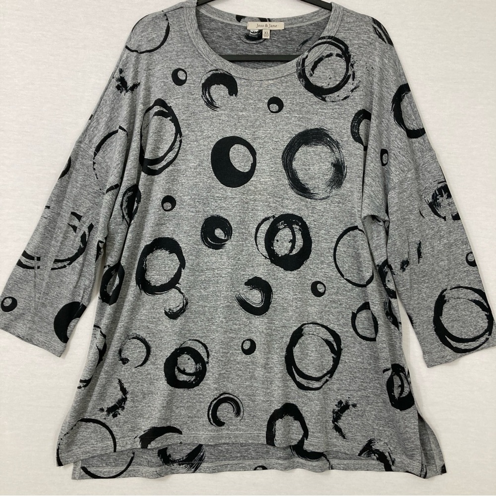 Jess & Jane Black Gray Round Neck Polka Dot Soft Stretch Pullover Top XL